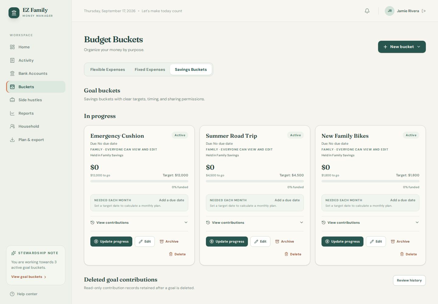 EZ Family Money Savings Buckets screen showing household savings goals and progress