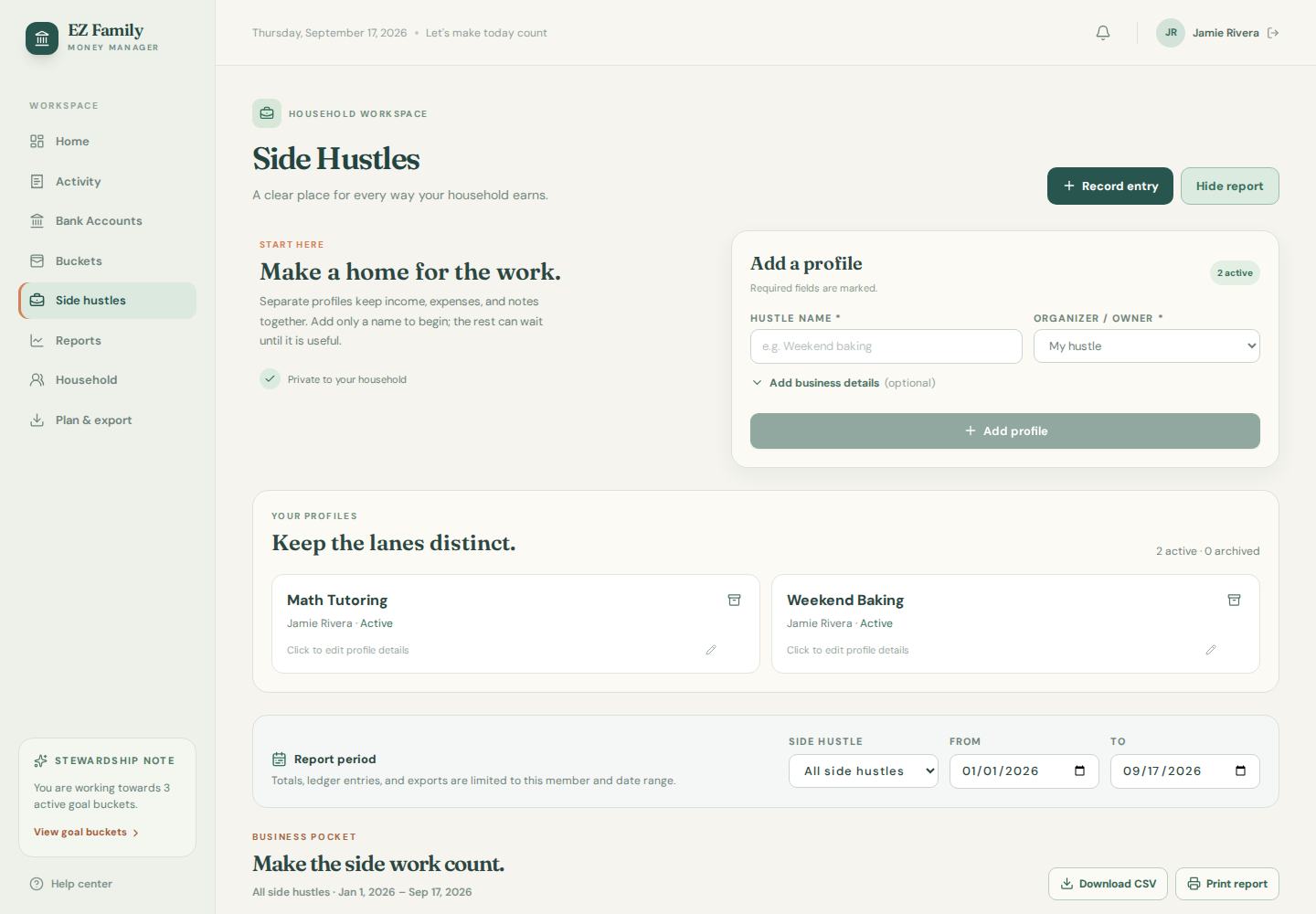 EZ Family Money Side Hustles workspace showing separate business profiles